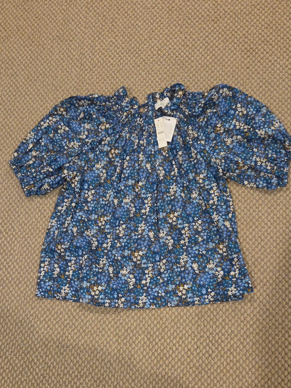 J. Crew Blue Floral Ruffle-Neck Puff-Sleeve Blouse Sz L NWT